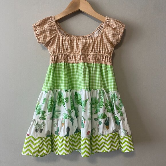 Handmade Children's 100% Cotton Tan White Green Gingham Multi Pattern Dress - Picture 2 of 12